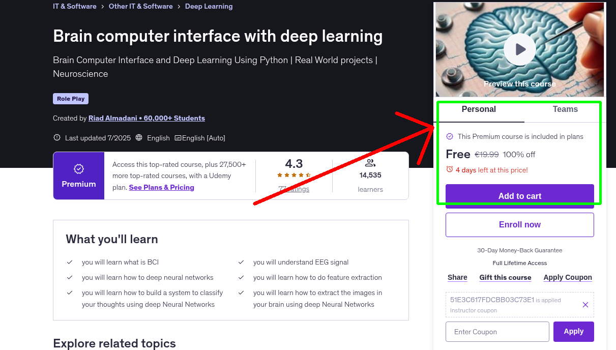 Brain computer interface with deep learning