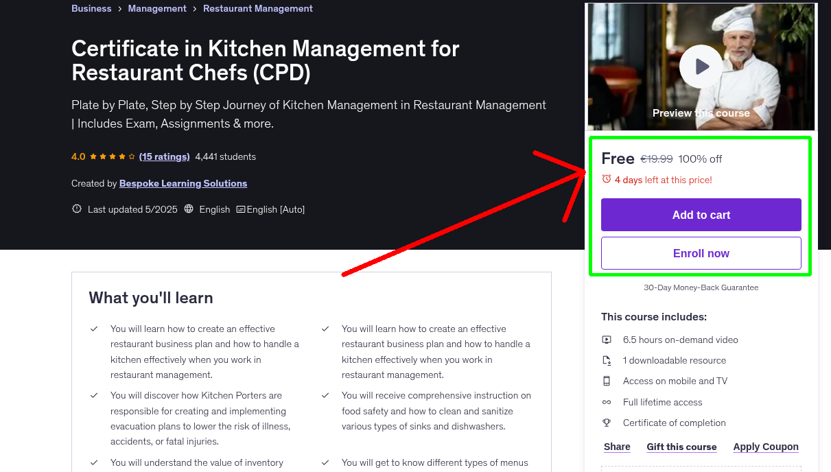 Certificate in Kitchen Management for Restaurant Chefs (CPD)