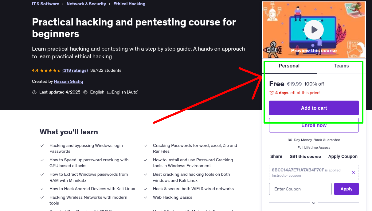 Practical hacking and pentesting course for beginners