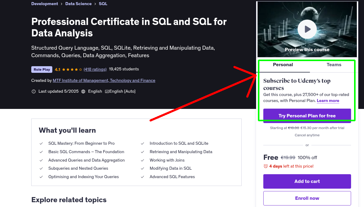 Professional Certificate in SQL and SQL for Data Analysis