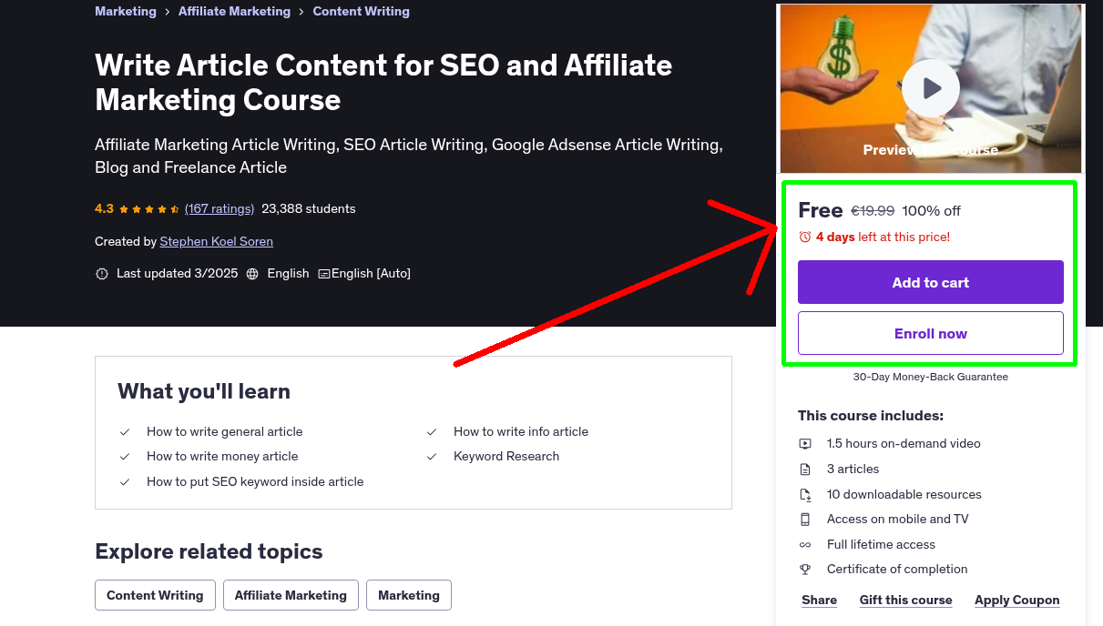 Write Article Content for SEO and Affiliate Marketing Course